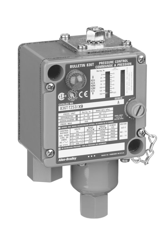 836T-T252E - 836T Pressure Controls - Traditional Machine Tool, T - Style Pressure Control. 75 psi. Enclosure Type 7 & 9 and 4 & 13 Combined Hazardous locations. S.P.D.T., 2 - circuit contact block. No Modifications,, No Pilot Lights