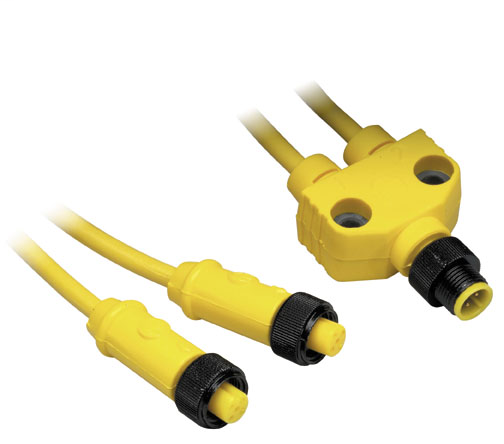 879D-F4AET5M-1 - Cable Y, conector micro de CC (M12), hembra, recto, 4 pines, PVC, amarillo, sin blindaje, 18 AWG, conector micro de CC (M12) - Cable Y, conector C, macho recto, conectores A y B - 1 metro (3,3 pies), conector C - 5 metros (16,4 pies)