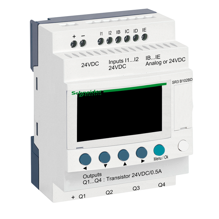 SR3B102BD - modular smart relay, Zelio Logic SR2 SR3, 10 IO, 24V DC, clock, display, 4 transistor outputs