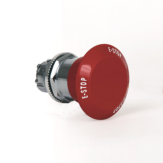 800T-TFXJETQH2R - 800T Illuminiated Trigger Action Two Position Maintained, Twist Release, Red 60mm Plastic Head, with "E-Stop" on cap, Full Voltage with LED Lamp,12 - 130V AC/DC, No Guards on Terminals, Traditional Contact Block Code: No Contacts