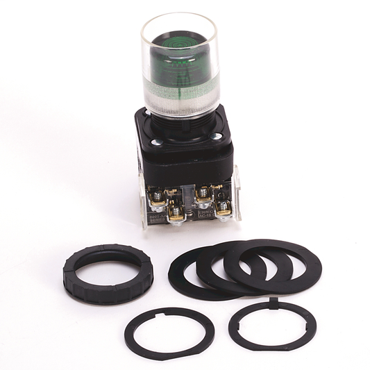 800H-PRAH26G - 30.5mm Type 4/4X/13 Mom. Contact PB-Illum., Green, Ext. Hd w/ Guard, LED, 240V AC 50/60 Hz, 1 NO-1 NC