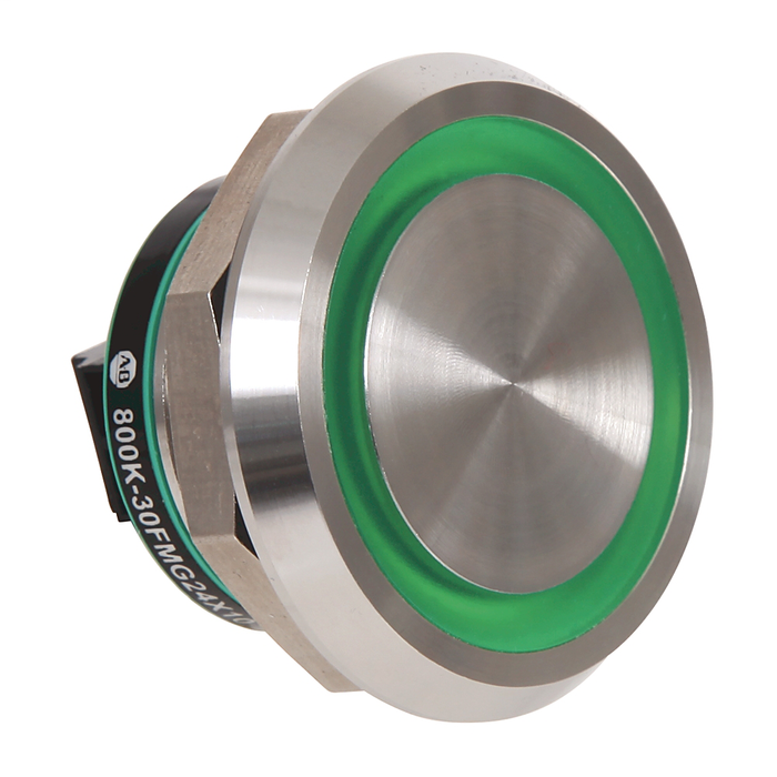 800K-30FMG24X10 - 800K Piezo Operators, 30.5 mm Operator Size, Flush, Momentary Operator Type, Green, 24V DC, 1 N.O. Contact Block, No Engraving