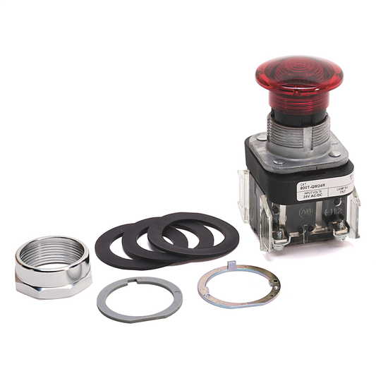 Contacto de 30,5 mm tipo 4/13 Mom. PB-Ilum., rojo, cabeza tipo hongo, incandescente/sin opciones, 24 V CA/CC, 1 NA-1 NC