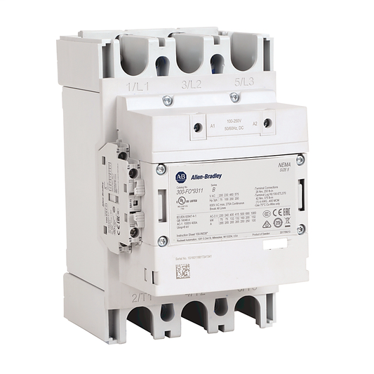 300-FOED9311 - 300 NEMA Contactor, NEMA Size 5, Open, 100-250V 50-60 Hz/100-250V DC With 24V DC PLC Interface, Three NO Poles, 1 N.O. - 1 N.C. Auxiliary Contact