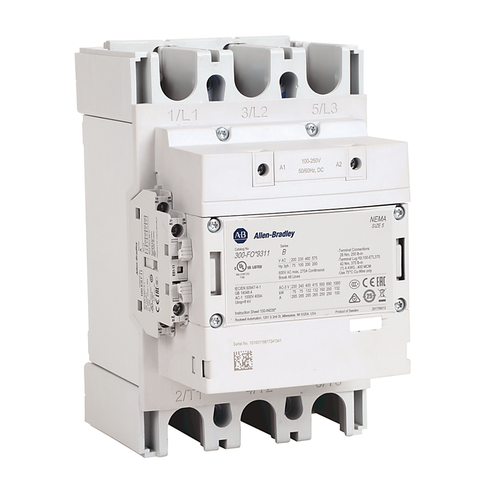 300S-FOEN9312C - 300S Safety Contactor, NEMA Size 5, Open, 250-500V 50-60 Hz/250-500V DC With 24V DC PLC Interface, Three NO Poles, 1 N.O. - 1 N.C. Auxiliary Contact