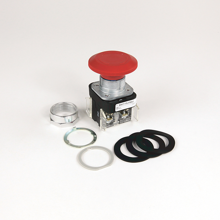 800TC-FXJT6A - 30,5 mm, tipo 4/13, 2 polos, sin iluminación, conector tipo hongo jumbo (pulsador/giratorio), rojo, 1 contacto NA-1 NC, protección para los dedos