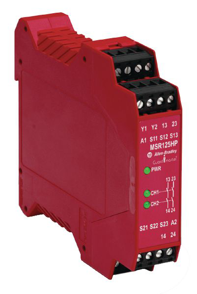 440R-D23171 - Modelo de relé MSR125HP, control a dos manos, 2 salidas de seguridad inmediatas (NO), salidas auxiliares (N/A), salidas de seguridad retardadas (N/A), alimentación de 24 V CC, reinicio automático/manual, terminales extraíbles