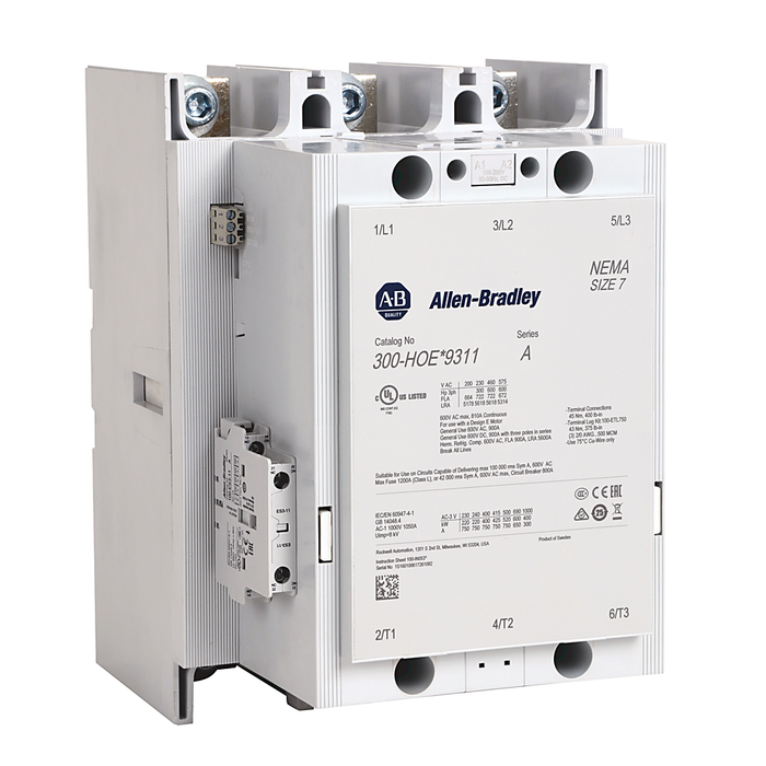 300S-HOEY9312C - 300S Safety Contactor, NEMA Size 7, Open, 48-130V 50-60 Hz/48-130V DC With 24V DC PLC Interface, Three NO Poles, 1 N.O. - 1 N.C. Auxiliary Contact