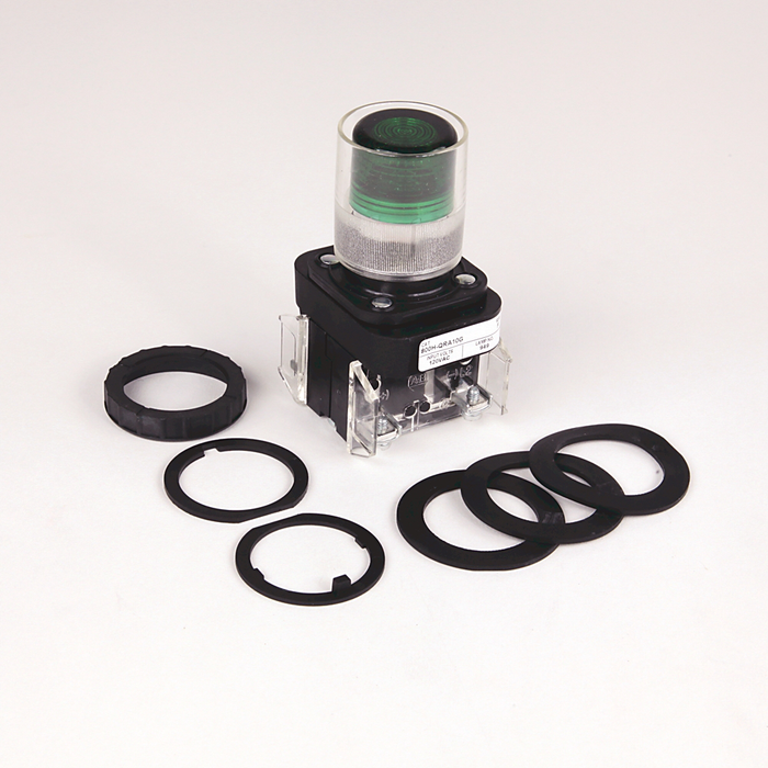 800HC-QRAH2GA2 - 30.5mm Type 4/4X/13 Mom. Contact PB-Illum., Green, Ext. Hd w/ Guard, LED, 12-130V AC/DC, 2 NO, Finger Safe Guards
