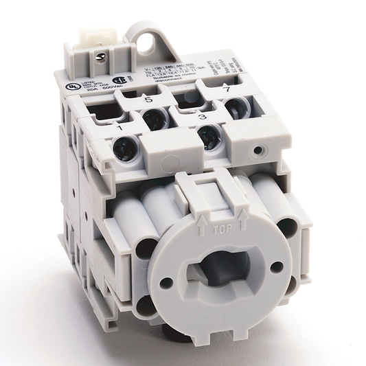 194L-A20-7303 - IEC Control and Load Switch, Reversing 1-0-2 45°, 20 Amp, 3 Poles, Available as Custom Order, Base / DIN Rail