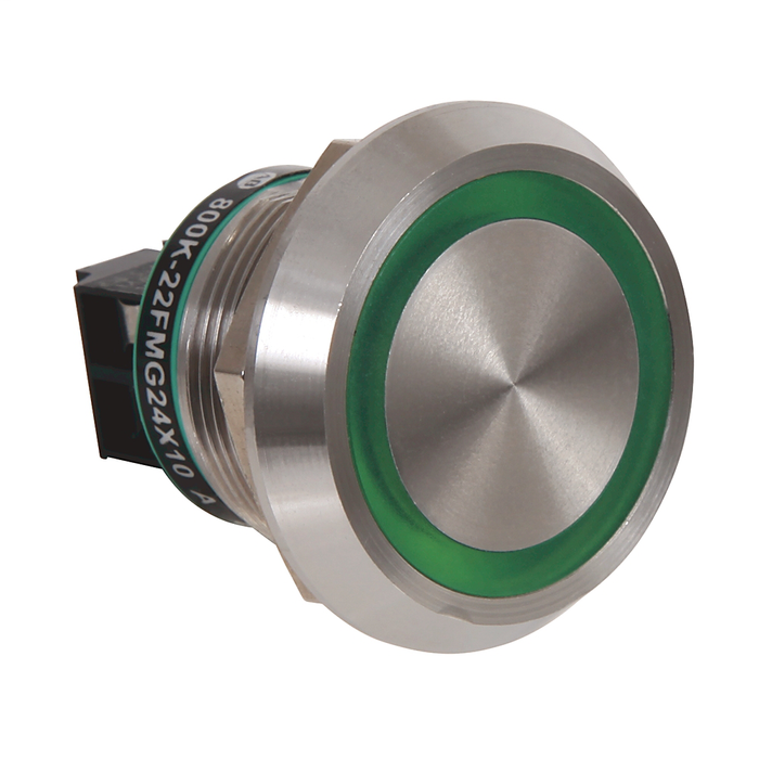 800K-22FMG24X10E100G - 800K Piezo Operators, 22.5 mm Operator Size, Flush, Momentary Operator Type, Green, 24V DC, 1 N.O. Contact Block, Custom text - font size 12 pt