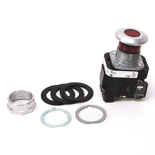 800TC-FXPH26RA1 - 30.5mm Type 4/13 2 Pos. PB-Illum., Push-Pull, Red, Mushrm Hd, LED, 240V AC 50/60 Hz, 1 NCLB-1 NO, Finger Safe Guards