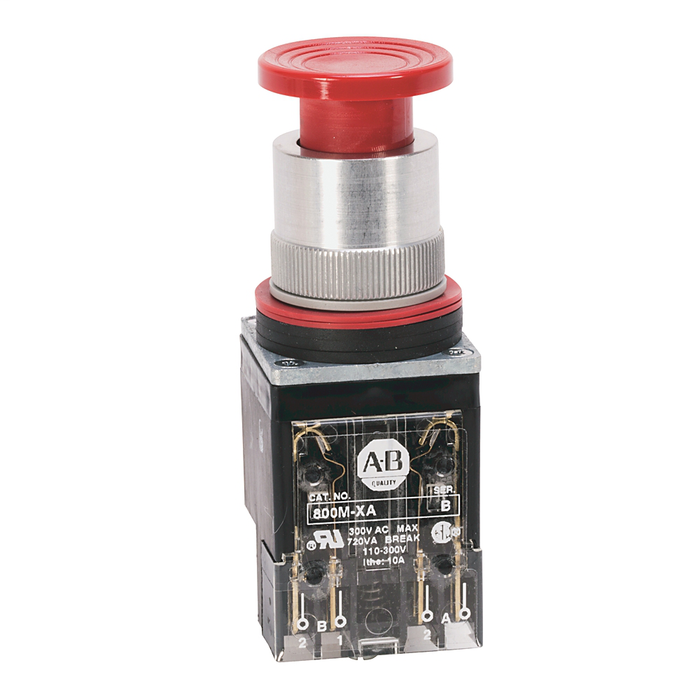 800MR-D6A - 800MR Momentary Contact Push Button Units, Non-Illuminated, Mushroom Head, Red, 1 N.O - 1 N.C., Stab Terminals