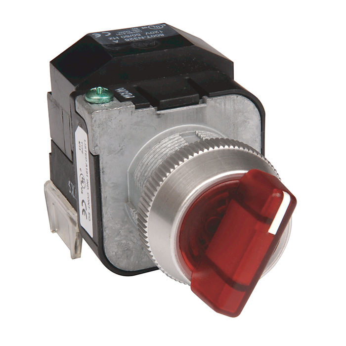 800T-24JR91KB7AX - 30.5mm Type 4/13 Sel. Switch-Illum., 3 Pos.Full Voltage, 24V AC/DC, Red, Std. Knob Spring Rtn fr/ Both