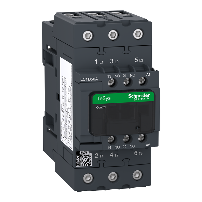 LC1D50ALE7 - IEC contactor, TeSys D, nonreversing, 50A, 40HP at 480VAC, up to 100kA SCCR, 3 phase, 3 NO, 208VAC 50/60Hz coil, open