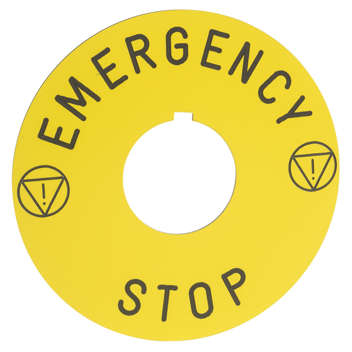 9001KN8330 - Legend, Harmony 9001K, Harmony 9001SK, 30mm, aluminium, yellow with black letters, 60mm circular for emergency stop, marking EMERGENCY STOP