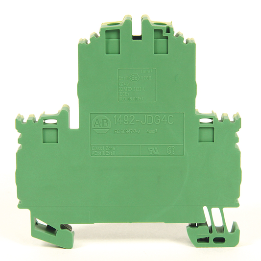 1492-JDG4C - 1492-J IEC Terminal Block, Two-Circuit Feed-Through Ground Block, 4 mm (# 22 AWG - # 10 AWG) or 2.5 mm (# 22 AWG - # 12 AWG), 4 Connection points, Green / Yellow Stripe (Standard) (Qty. 100)