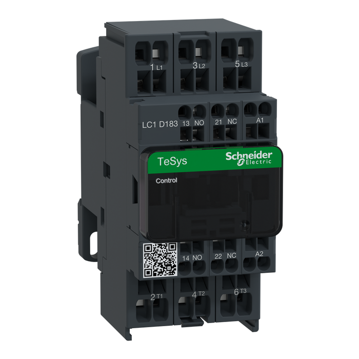 LC1D183F7 - IEC contactor, TeSys Deca, nonreversing, 18A, 10HP at 480VAC, 3 phase, 3 pole, 3 NO, 110VAC 50/60Hz coil, open style