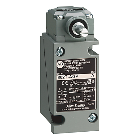 802T-AGP - Interruptor de límite, NEMA tipo 4 y 13, construcción hermética al aceite, enchufable, tipo palanca, retorno por resorte, par de operación estándar, 2 circuitos, operación en sentido horario y antihorario, interruptor completo