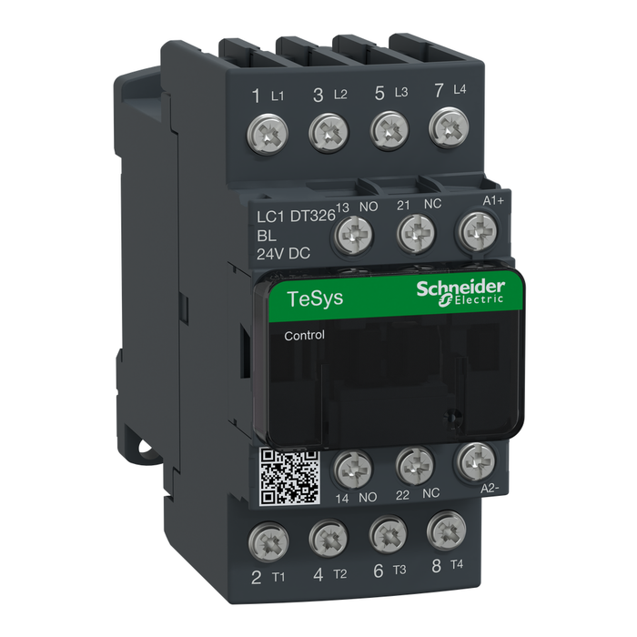 LC1DT326BL - IEC contactor, TeSys Deca, nonreversing, 32A resistive, 4 pole, 4 NO, low consumption 24VDC coil, open style