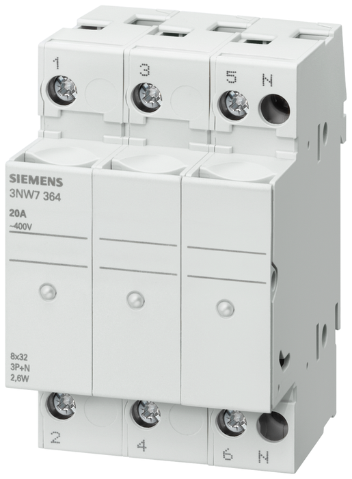 3NW7334 - FUSE HOLDER, 3-POLE, 20A, 8.5X31MM FUSE, LED