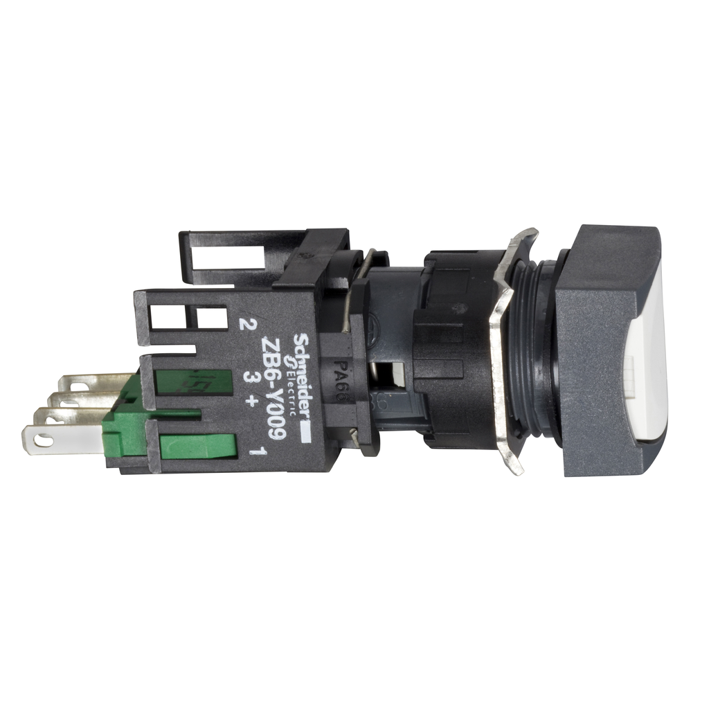 XB6CA11B - Pulsador completo, Harmony XB6, pulsador empotrado cuadrado blanco, 16 mm, retorno por resorte, 1 NO, sin marcar