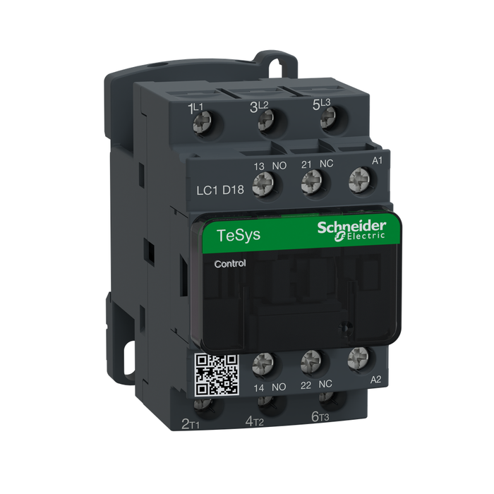 LC1D18P7 - IEC contactor, TeSys Deca, nonreversing, 18A, 10HP at 480VAC, up to 100kA SCCR, 3 phase, 3 NO, 230VAC 50/60Hz coil, open