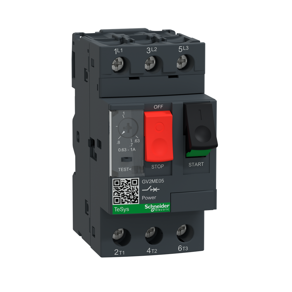 GV2ME05 - TeSys Deca Manual Starter and Protector, thermal magnetic circuit protector, push buttons, 0.63 to 1 A, screw clamp
