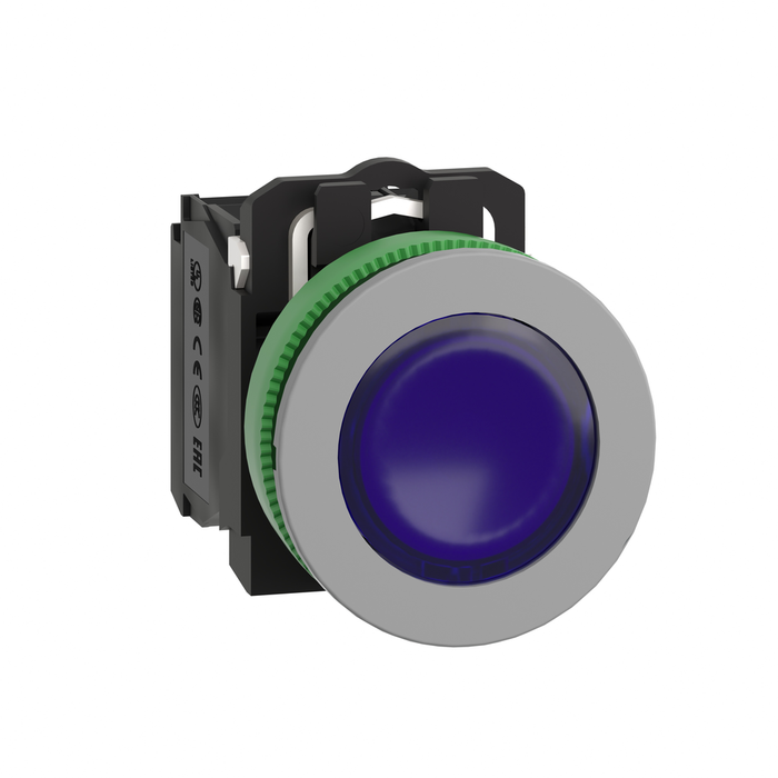 XB5FW36G5C0 - Illuminated push button, Harmony XB5, grey bezel, blue flush mounted, 30mm, universal LED, 1NO + 1NC, 120V AC