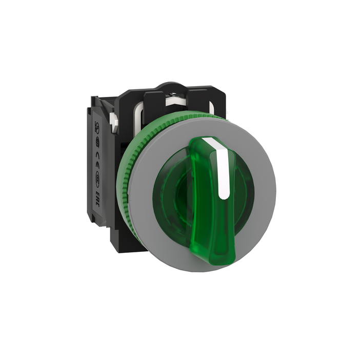 Illuminated selector switch, Harmony XB5, grey bezel, green handle, universal LED, 3 positions, 1NO + 1NC, 230V AC