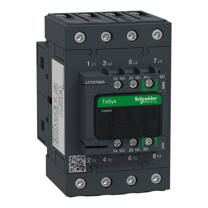 LC1DT80ABBE - IEC contactor, TeSys Deca Green, nonreversing, 80A resistive, 4 pole, 4 NO, 24VDC coil, open style