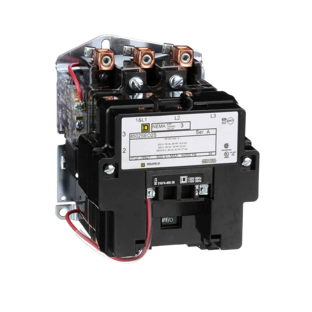 8502SEO2V03 - Contactor NEMA, tipo S, no reversible, tamaño 3, 90 A, 50 HP a 575 VCA, trifásico, hasta 100 kA, 3 polos, bobina de 240 VCA, abierto