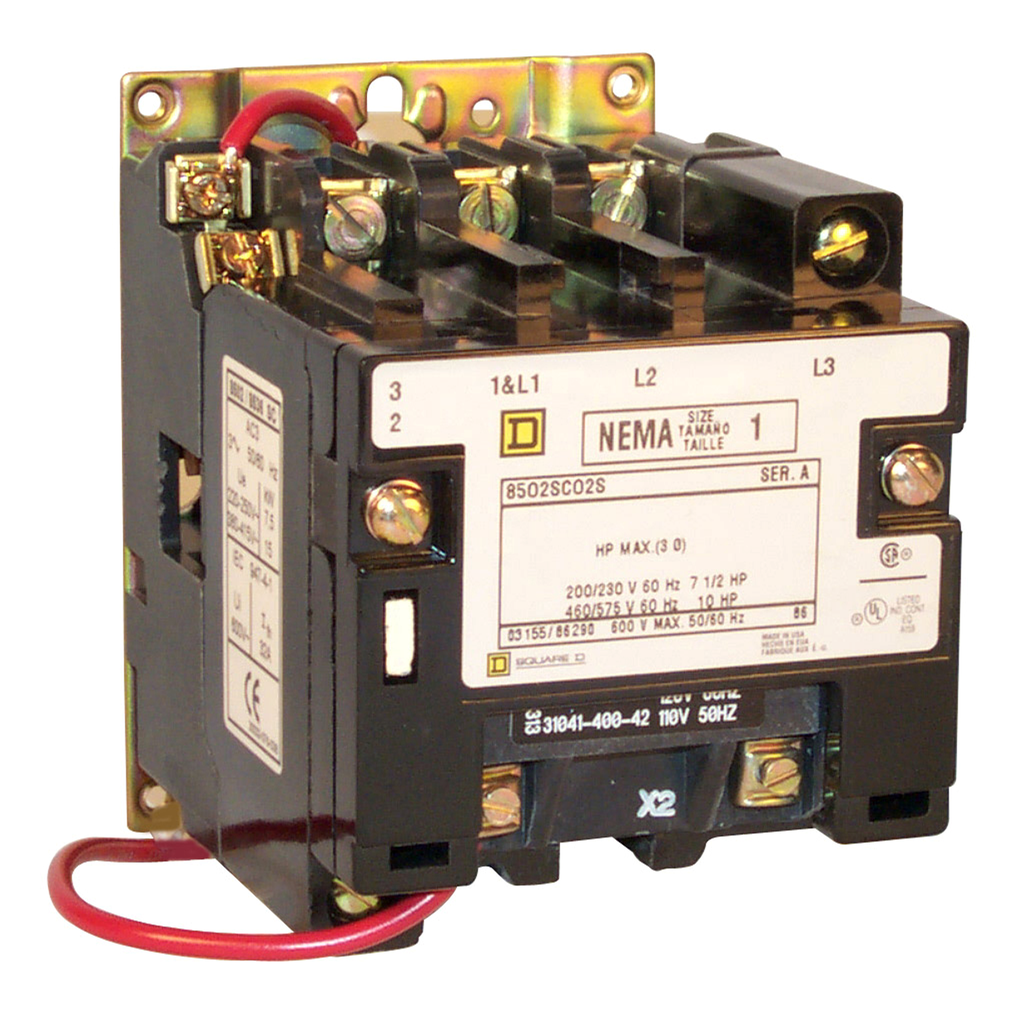 8502SCO2V03 - Contactor NEMA, tipo S, no reversible, tamaño 1, 27 A, 10 HP a 575 VCA, trifásico, hasta 100 kA, 3 polos, bobina de 240 VCA, abierto