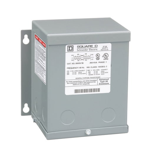 500SV1B - Transformador, tipo seco, encapsulado, 0,5 kVA, monofásico, 240 x 480 V primario, 120/240 V secundario, 5 A, aumento de temperatura de 55 °C
