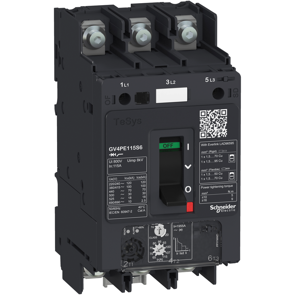 GV4PE115N6 - Disyuntor de motor, TeSys GV4, 3P, 115A, Icu 50kA, termomagnético, terminales de orejetas