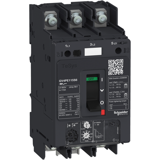 GV4PE115N6 - Disyuntor de motor, TeSys GV4, 3P, 115A, Icu 50kA, termomagnético, terminales de orejetas