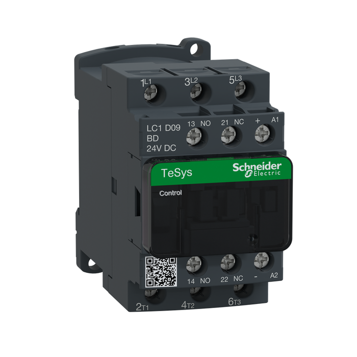 LC1D09BD - IEC contactor, TeSys Deca, nonreversing, 9A, 5HP at 480VAC, up to 100kA SCCR, 3 phase, 3 NO, 24VDC coil, open style