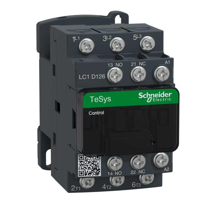 LC1D126G7 - IEC contactor, TeSys Deca, nonreversing, 12A, 7.5HP at 480VAC, 3 phase, 3 pole, 3 NO, 120VAC 50/60Hz coil, open style