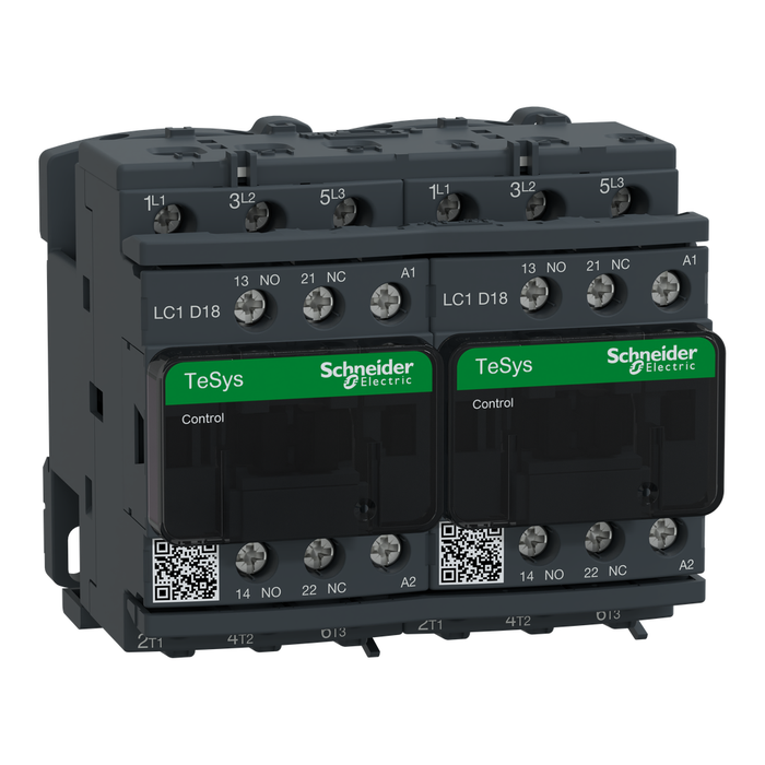 LC2D18G7V - IEC contactor, TeSys Deca, reversing, 18A, 10HP at 480VAC, 3 phase, 3 pole, 3 NO, 120VAC 50/60Hz coil, open style