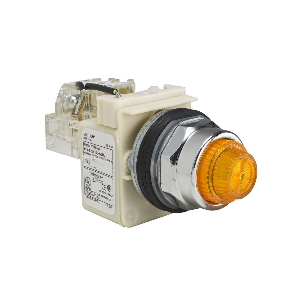 9001KT1A31 - Push-to-test pilot light, Harmony 9001K, metal, polycarbonate, fresnel, amber, 30mm, 110-120V