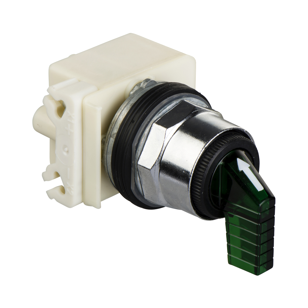 9001K53J35LGFG - Cabezal de interruptor selector iluminado, Harmony 9001K, metal, mango largo, verde, 30 mm, 3 posiciones, retorno por resorte en ambos lados al centro, LED verde, 24-28 V