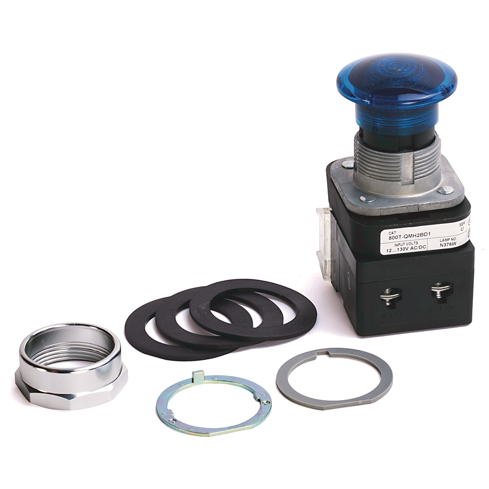 800T-QMH2BD1 - 30.5mm Type 4/13 Mom. Contact PB-Illum., Blue, Mushroom Hd, LED, 12-130V AC/DC, 1 NO