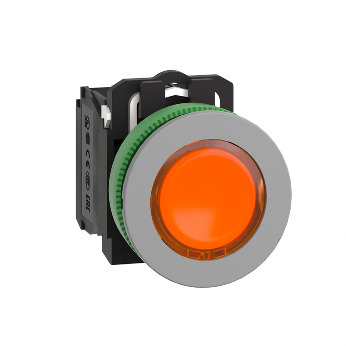 XB5FW35G5C0 - Illuminated push button, Harmony XB5, grey bezel, orange flush mounted, 30mm, universal LED, 1NO + 1NC, 120V AC