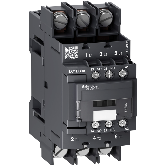 LC1D80A6M7 - IEC contactor, TeSys Deca, nonreversing, 80A, 40HP at 480VAC, 3 phase, 3 pole, 3 NO, 220VAC 50/60Hz coil, open style