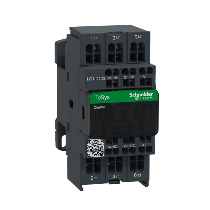 LC1D123P7 - IEC contactor, TeSys Deca, nonreversing, 12A, 7.5HP at 480VAC, 3 phase, 3 pole, 3 NO, 230VAC 50/60Hz coil, open style