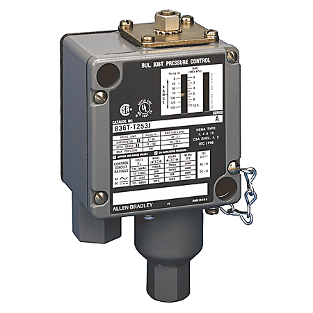 836T-T254JX40 - Controles de Presión 836T - Máquina Herramienta Tradicional, Control de Presión Tipo T. 300 psi. Tipo de Caja: 1, 4 y 13. Uso Industrial. DPDT, Bloque de Contactos de 4 Circuitos. Sin Modificaciones. Sin Pilotos.
