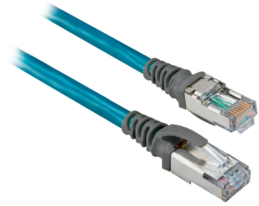 1585J-L8TGJM-0M5 - 1585 Ethernet Cables, 8 Conductors, RJ45, Left Angle Male, Standard, RJ45, Straight Male, Teal Robotic TPE, 1000BASE-T, 1000 Mbit/s, Weld Splatter, sun light and oil resistant; UL CMG, CMX; cUL CMG; Standard TIA 568-B, flex rated