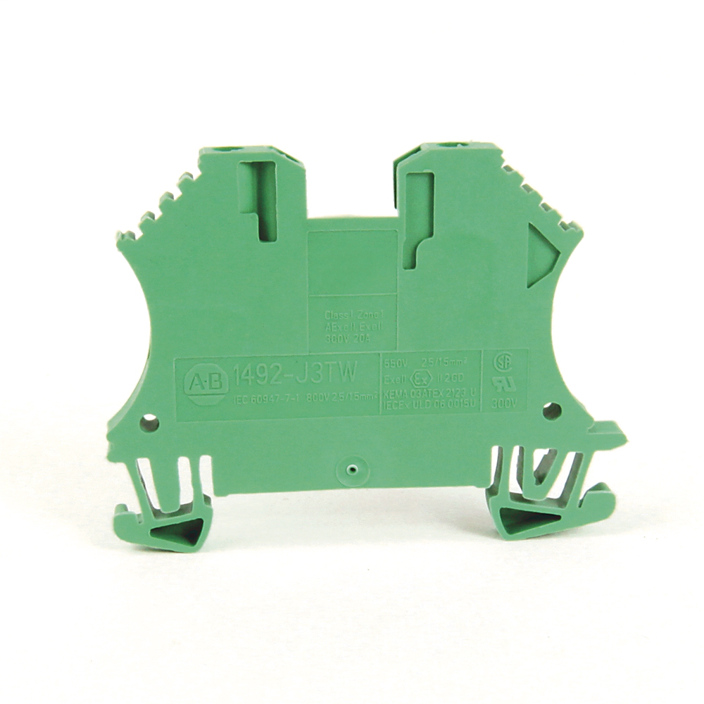 1492-J3TW-G - Bloque de terminales IEC 1492-J, bloque de paso de un circuito, 2,5 mm (# 24 AWG - # 12 AWG), 3 puntos de conexión, 2 en un lado, verde