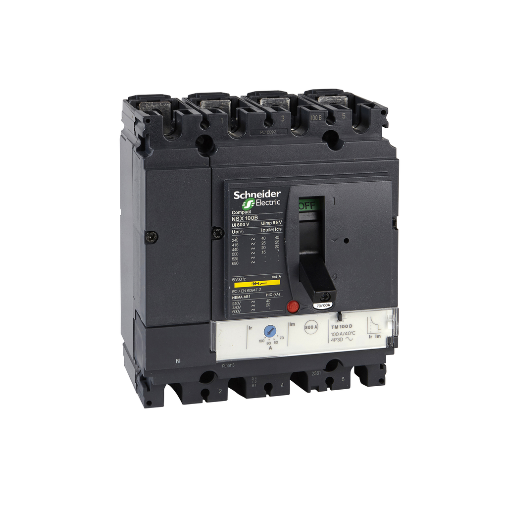 LV429560 - Disyuntor, Compact NSX100B, 25 kA/415 V CA, unidad de disparo TMD 100 A, 4 polos 3d