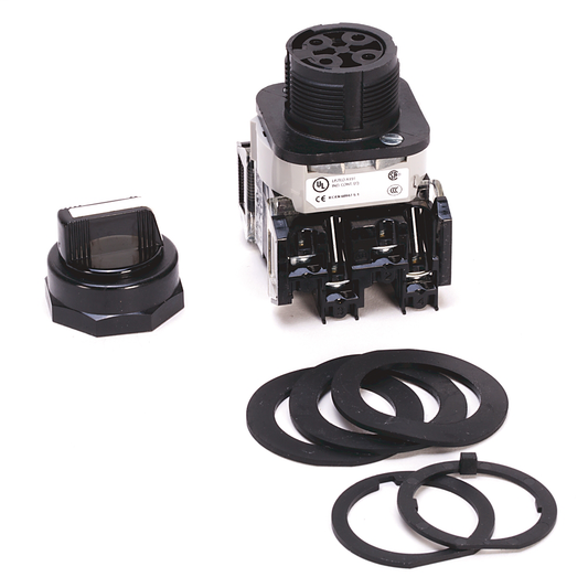 800HC-JR2B - Interruptor selector de 3 posiciones 800H, blanco, mantenimiento estándar de perilla, protección para dedos, 3 posiciones, leva y bloques de contacto, código R para 800H, n.°